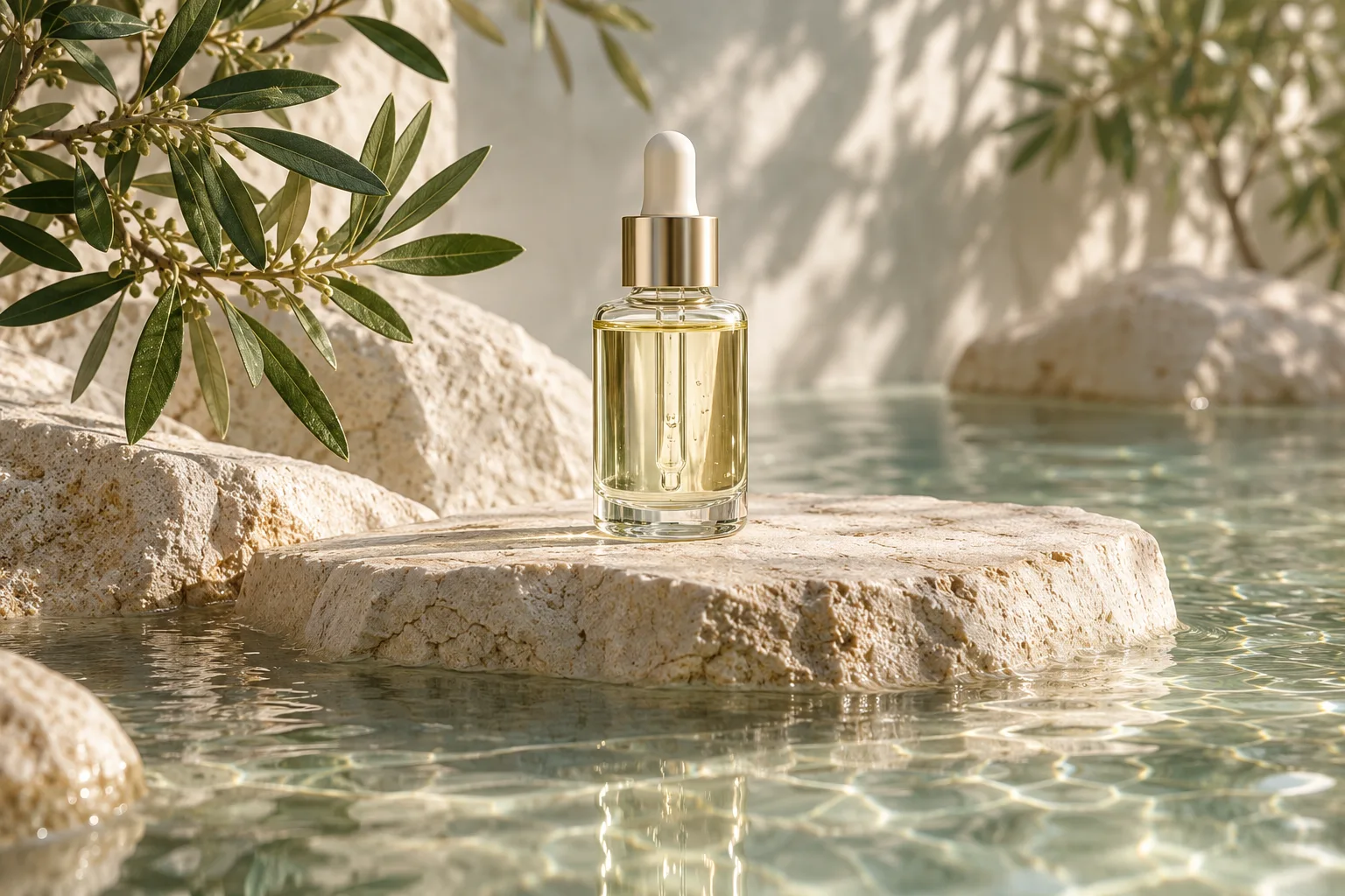 Illustrative product video frame showing an unbranded glass bottle beside reflective water