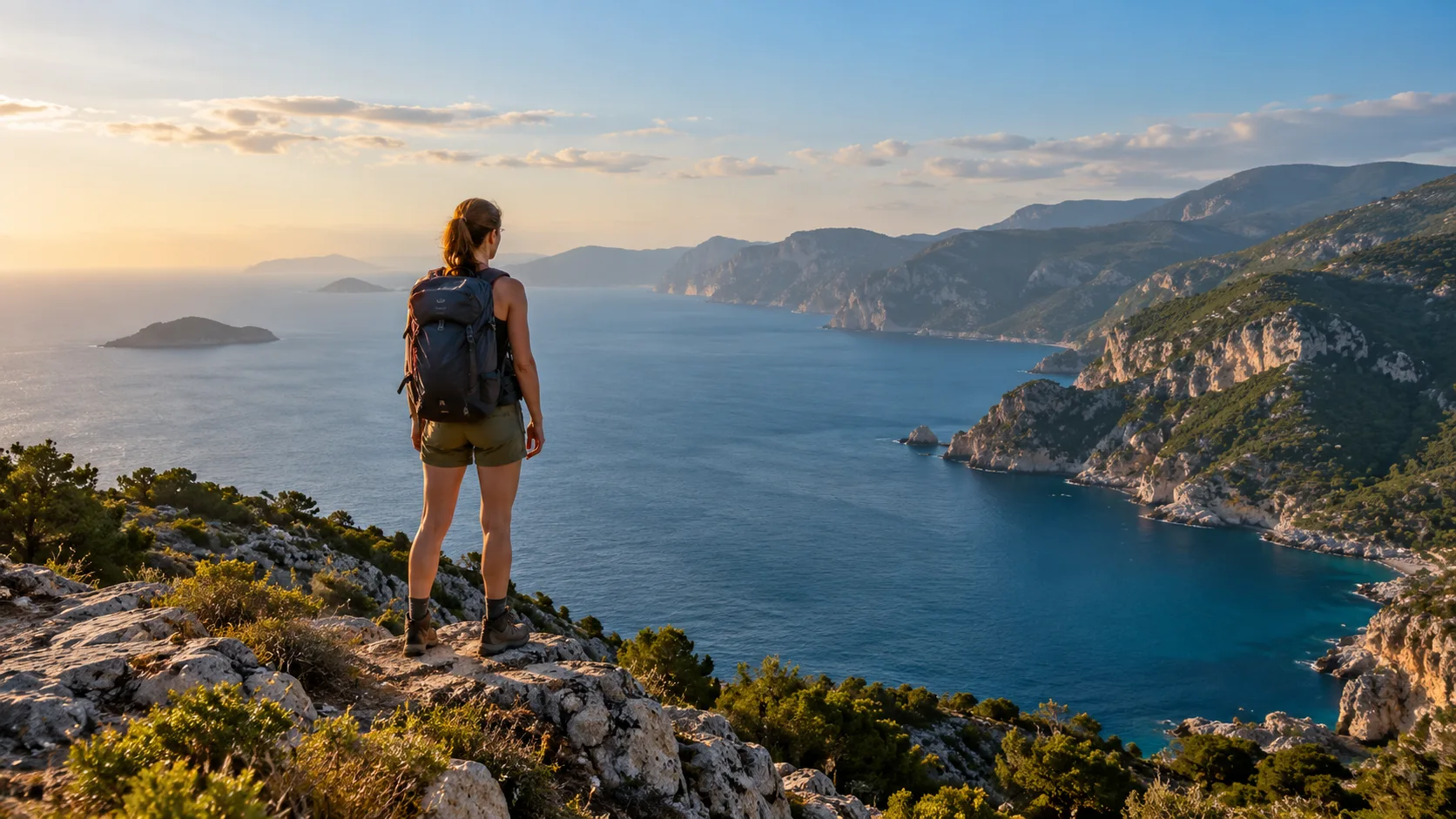 Illustrative travel video frame of a hiker above a coastal landscape at sunset