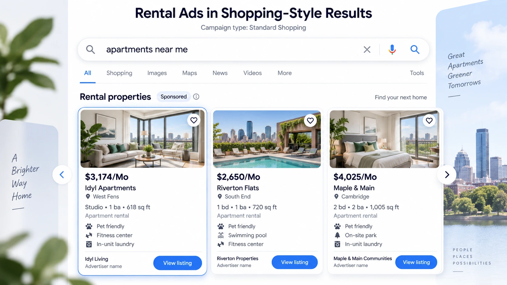 Shopping-style rental property ad concept for residential homes